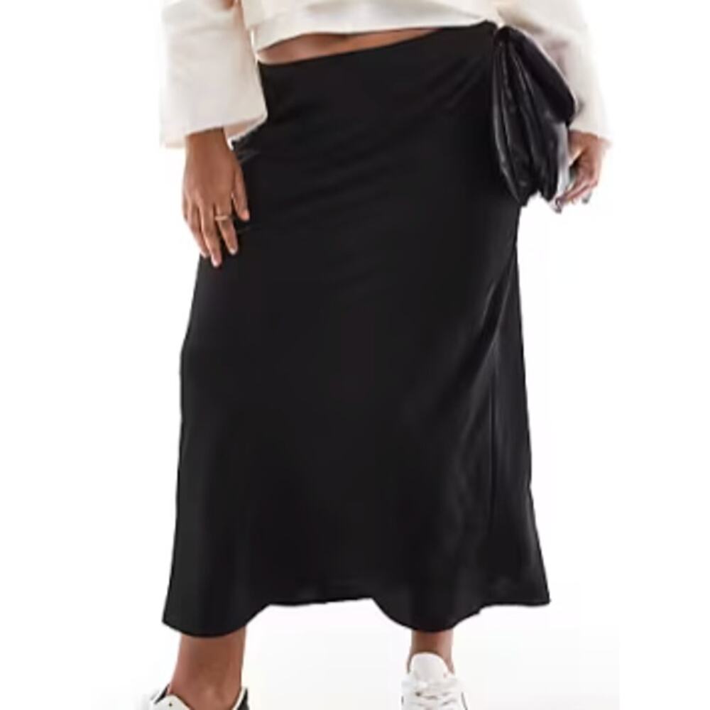 Asos Design Curve Black Satin Bias Straight Elastic Waist Midi Skirt size 18